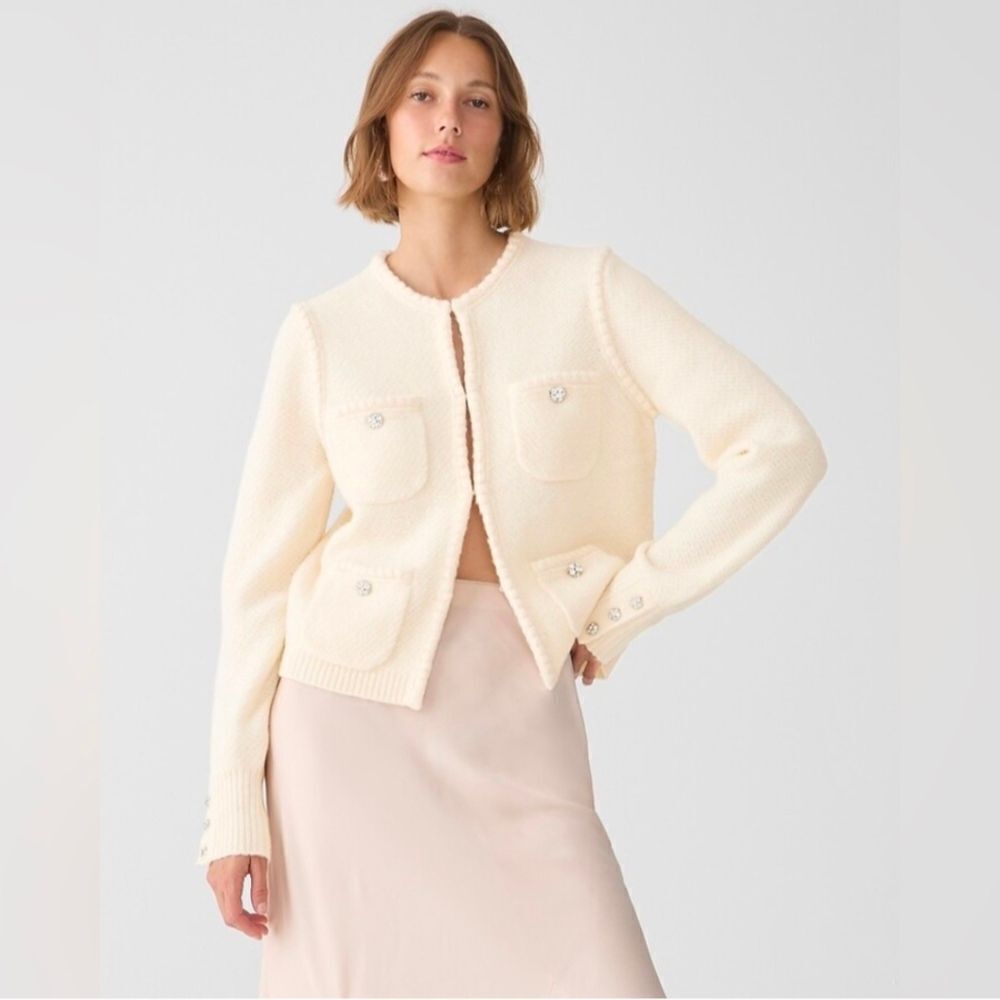 J.Crew Odette Lady Sweater Wool Alpaca Jacket Cardigan Cream Jewel Button L NWT
